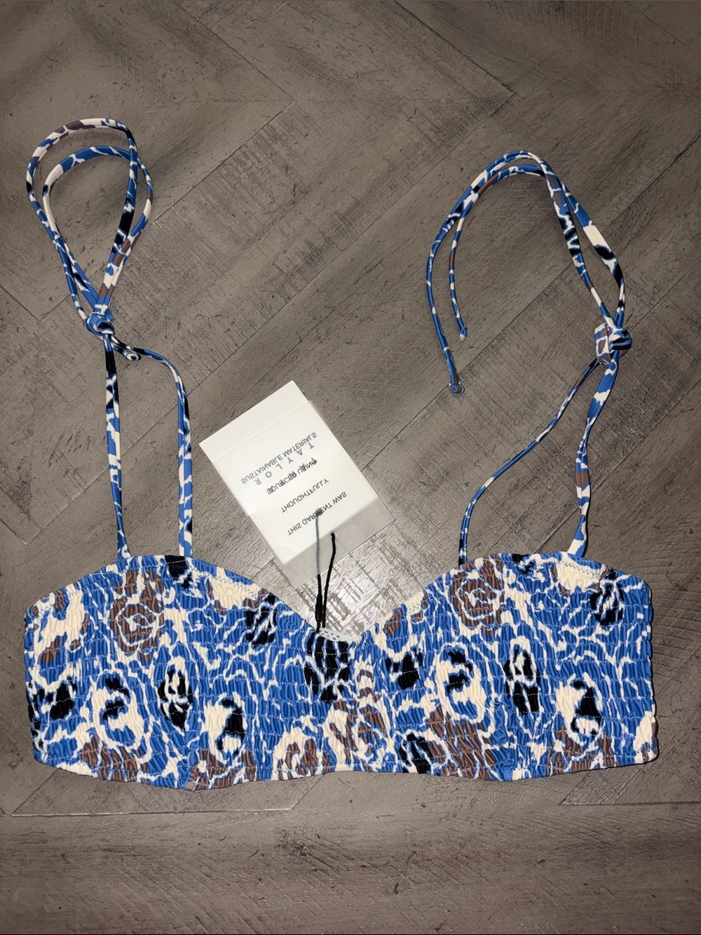 Tanya Taylor Blue Floral Smocked Bandeau Bikini Top